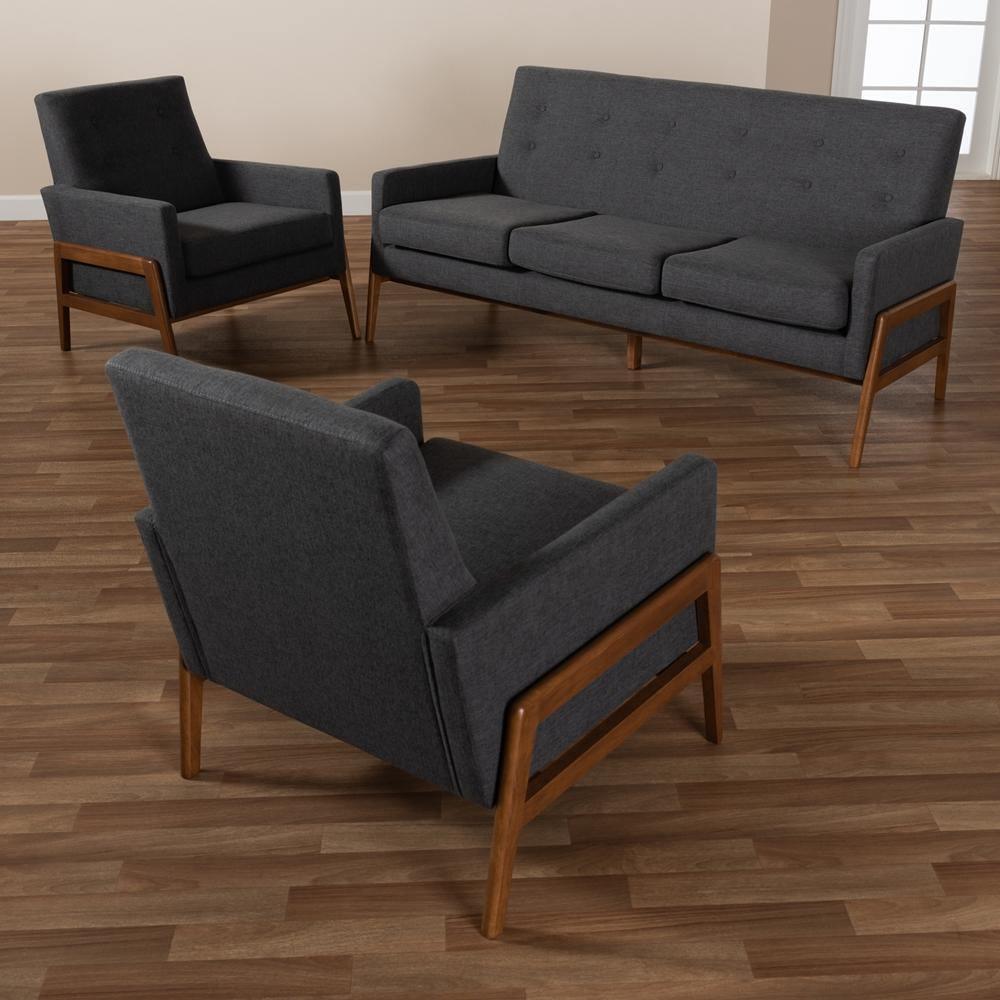Perris Mid-Century Modern Dark Grey Fabric Upholstered Walnut Finished Wood 3-Piece Living Room Set FredCo
