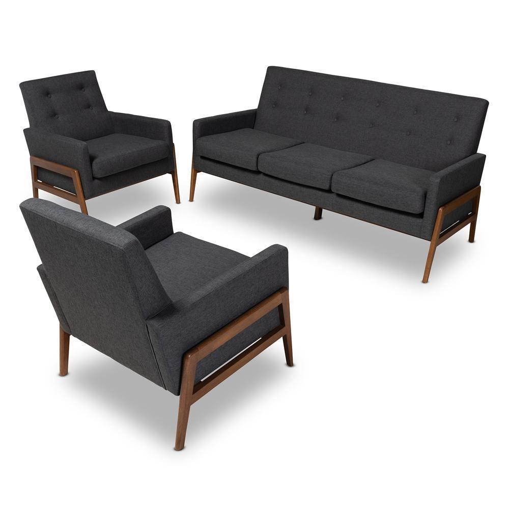 Perris Mid-Century Modern Dark Grey Fabric Upholstered Walnut Finished Wood 3-Piece Living Room Set FredCo