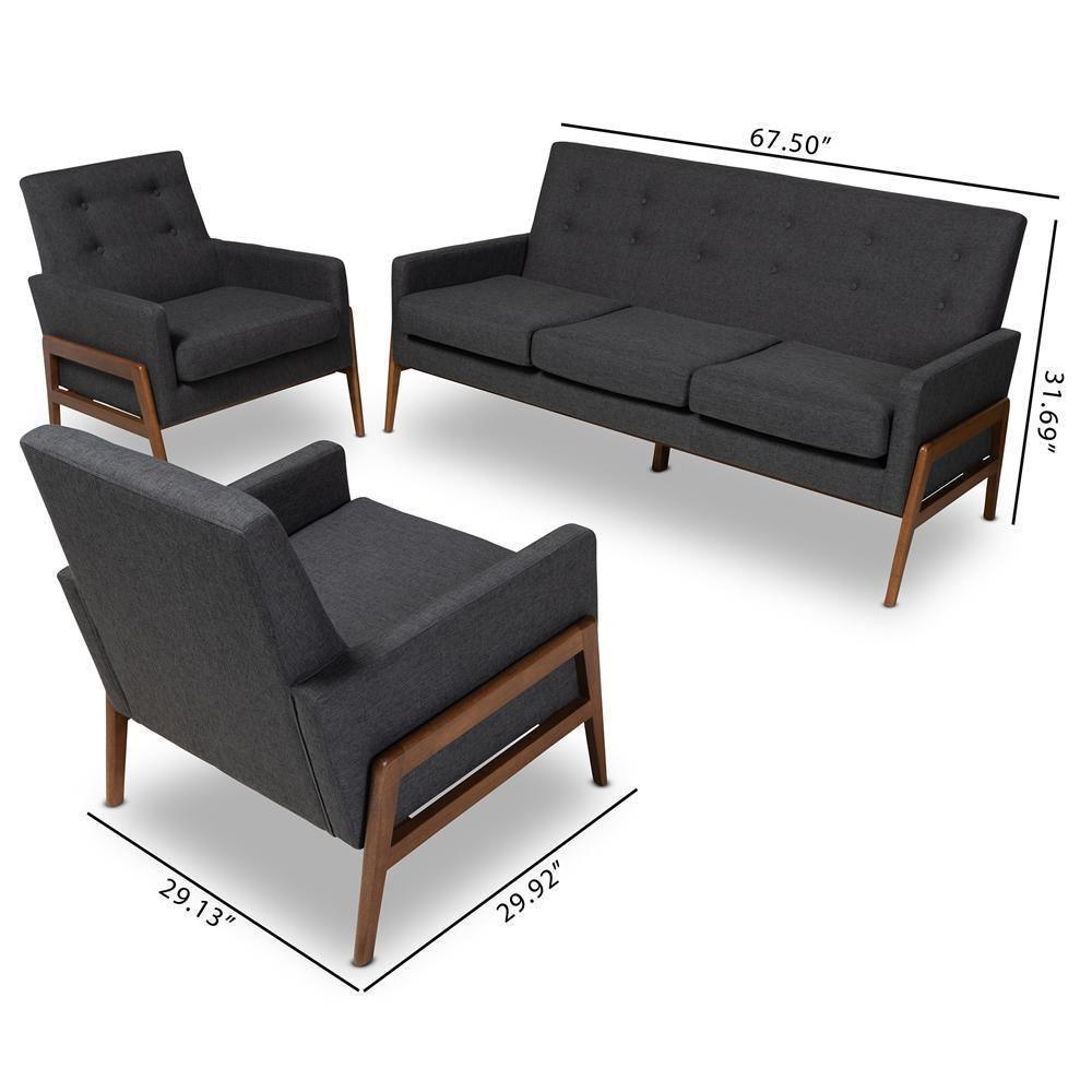 Perris Mid-Century Modern Dark Grey Fabric Upholstered Walnut Finished Wood 3-Piece Living Room Set FredCo