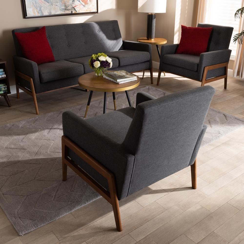 Perris Mid-Century Modern Dark Grey Fabric Upholstered Walnut Finished Wood 3-Piece Living Room Set FredCo