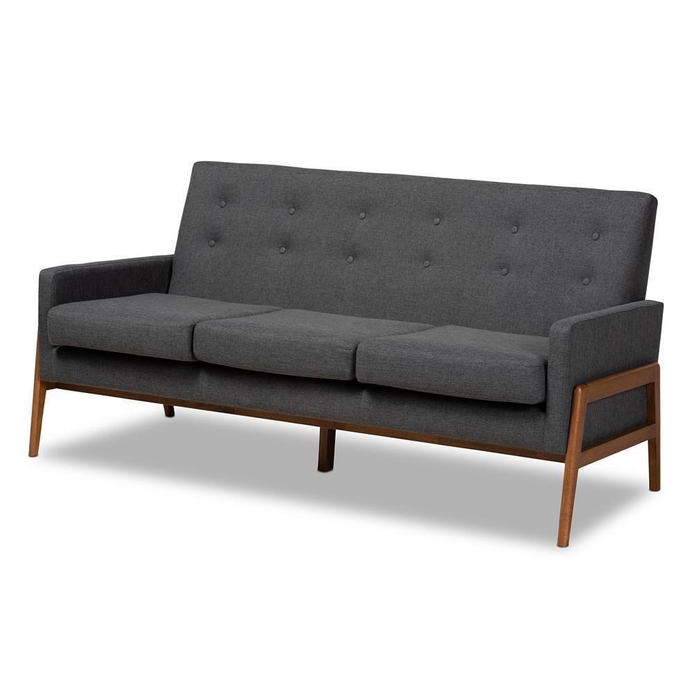 Perris Mid-Century Modern Dark Grey Fabric Upholstered Walnut Finished Wood Sofa FredCo