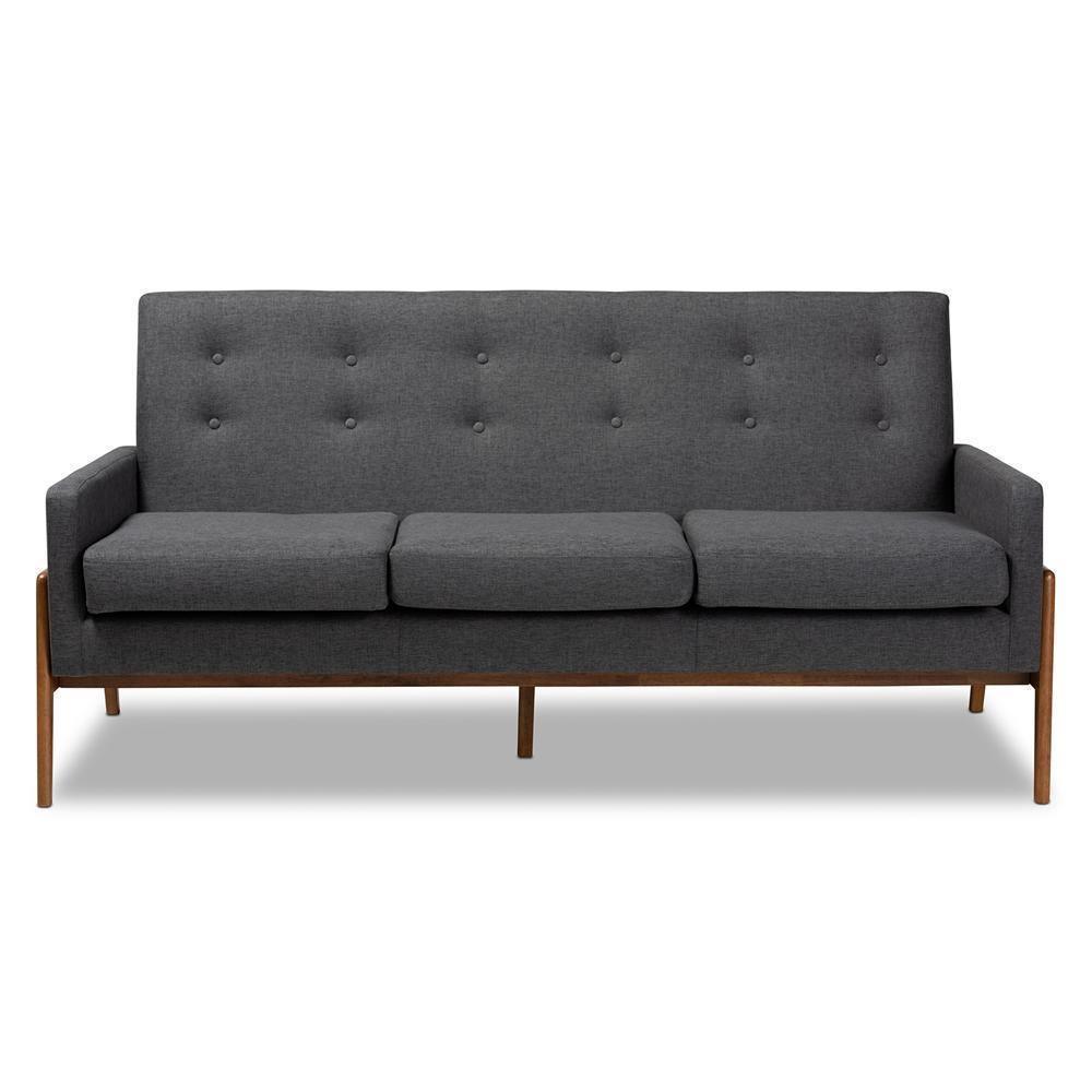 Perris Mid-Century Modern Dark Grey Fabric Upholstered Walnut Finished Wood Sofa FredCo