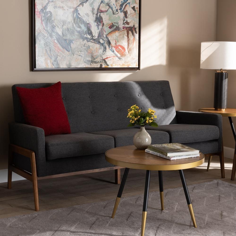 Perris Mid-Century Modern Dark Grey Fabric Upholstered Walnut Finished Wood Sofa FredCo