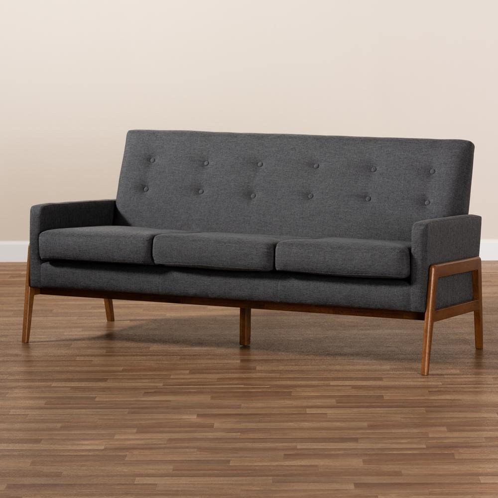 Perris Mid-Century Modern Dark Grey Fabric Upholstered Walnut Finished Wood Sofa FredCo
