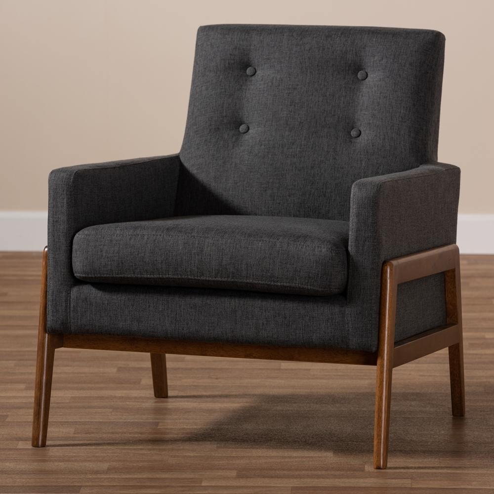 Perris Mid-Century Modern Dark Grey Fabric Upholstered Walnut Wood Lounge Chair FredCo