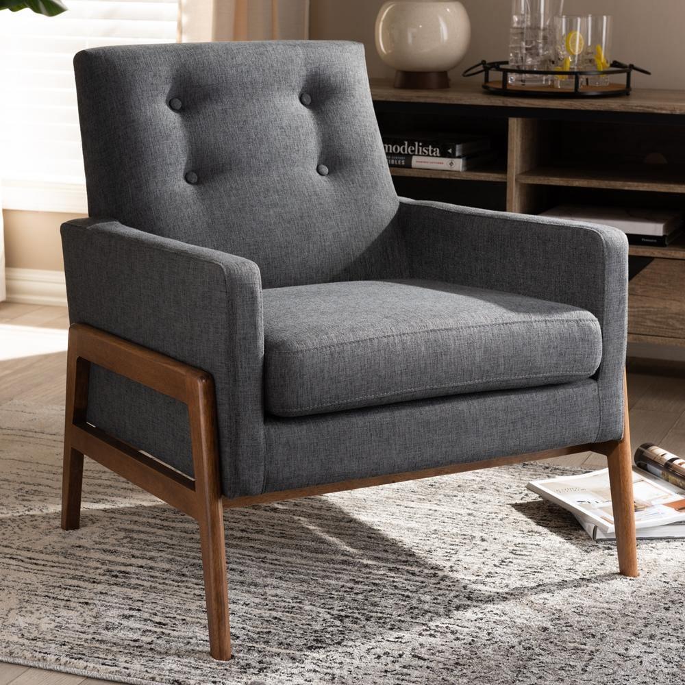 Perris Mid-Century Modern Dark Grey Fabric Upholstered Walnut Wood Lounge Chair FredCo
