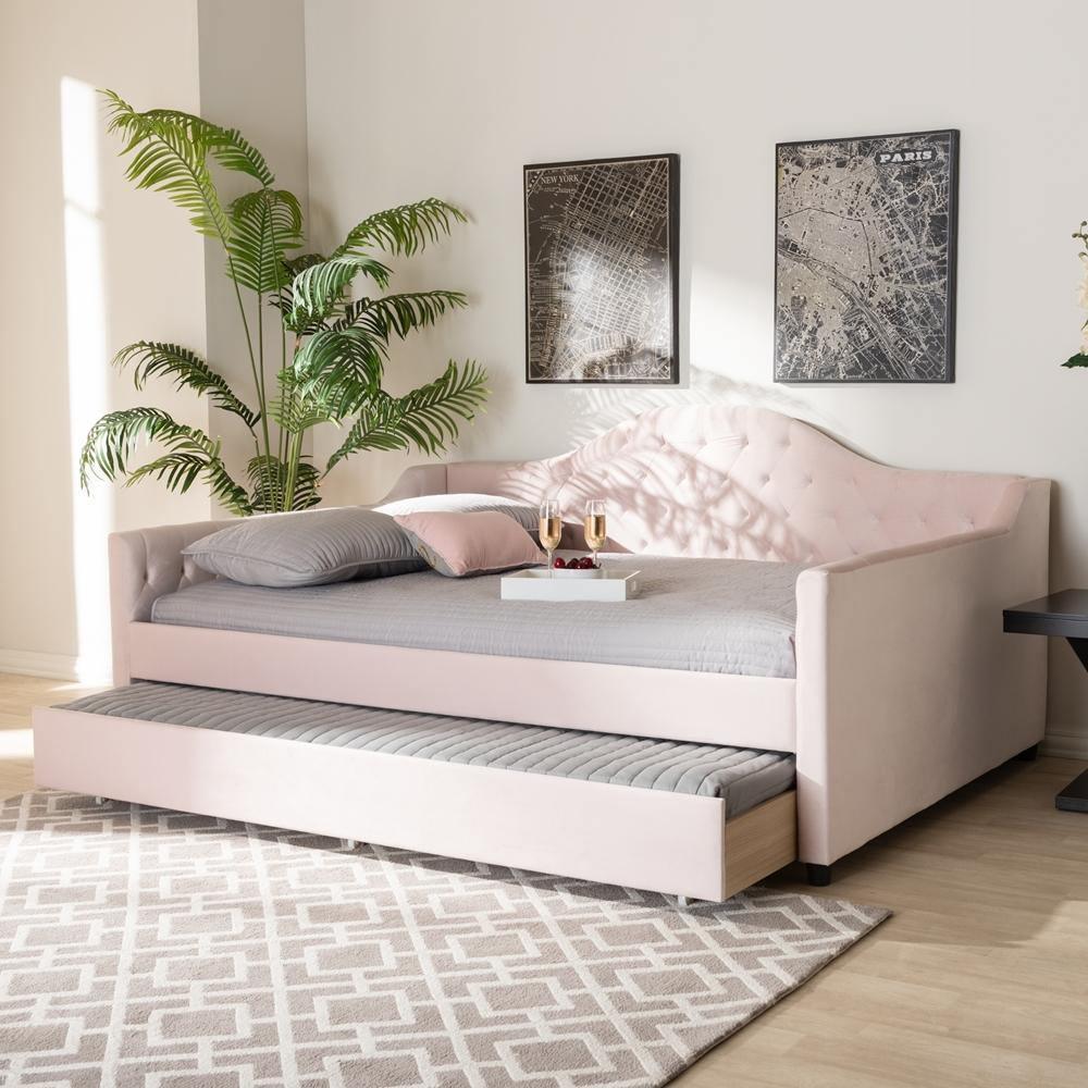 Perry Modern and Contemporary Light Pink Velvet Fabric Upholstered and Button Tufted Full Size Daybed with Trundle FredCo