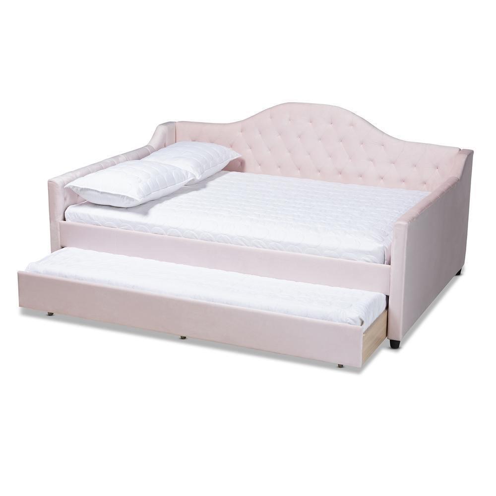 Perry Modern and Contemporary Light Pink Velvet Fabric Upholstered and Button Tufted Full Size Daybed with Trundle FredCo