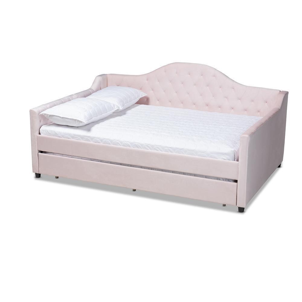 Perry Modern and Contemporary Light Pink Velvet Fabric Upholstered and Button Tufted Full Size Daybed with Trundle FredCo