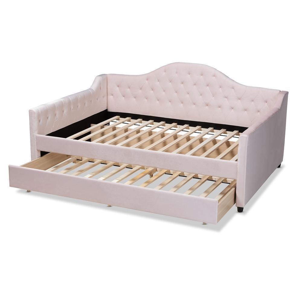 Perry Modern and Contemporary Light Pink Velvet Fabric Upholstered and Button Tufted Full Size Daybed with Trundle FredCo
