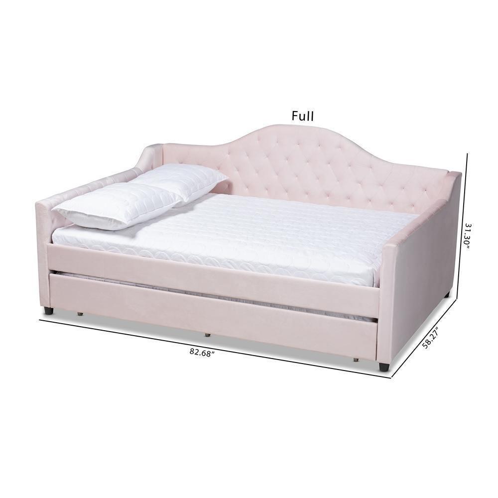 Perry Modern and Contemporary Light Pink Velvet Fabric Upholstered and Button Tufted Full Size Daybed with Trundle FredCo