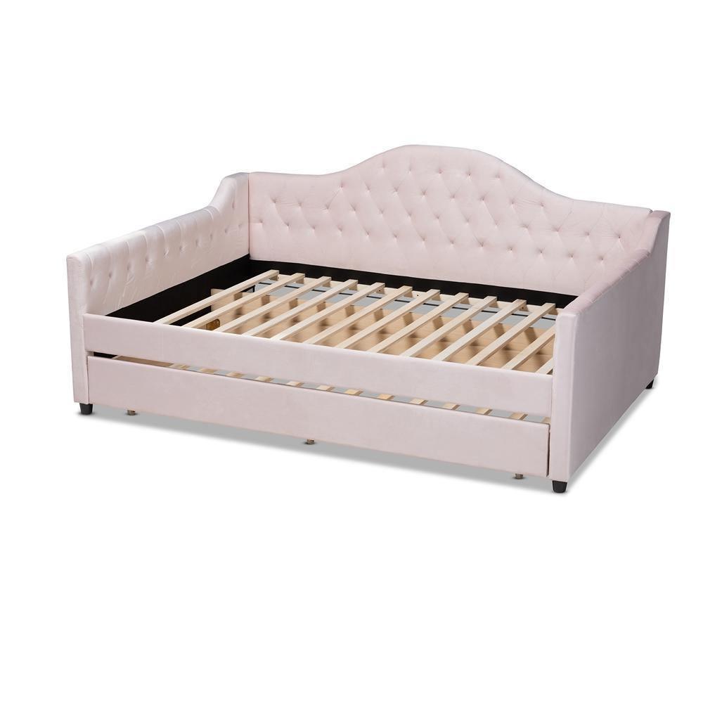 Perry Modern and Contemporary Light Pink Velvet Fabric Upholstered and Button Tufted Full Size Daybed with Trundle FredCo