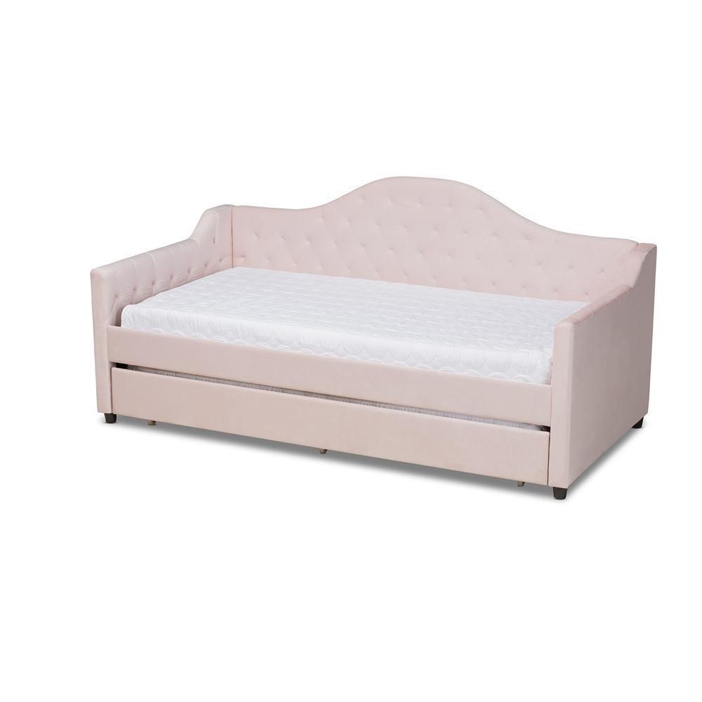 Perry Modern and Contemporary Light Pink Velvet Fabric Upholstered and Button Tufted Twin Size Daybed with Trundle FredCo