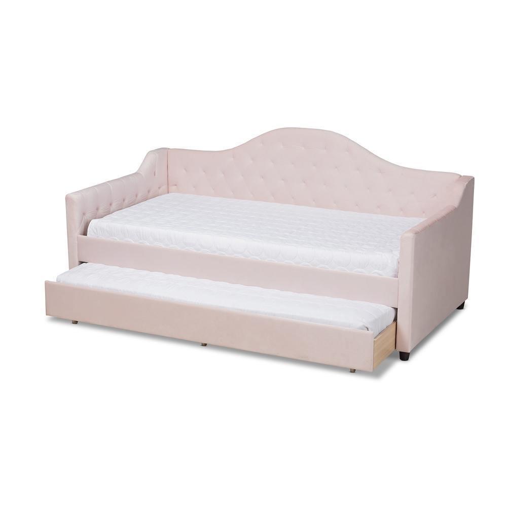 Perry Modern and Contemporary Light Pink Velvet Fabric Upholstered and Button Tufted Twin Size Daybed with Trundle FredCo