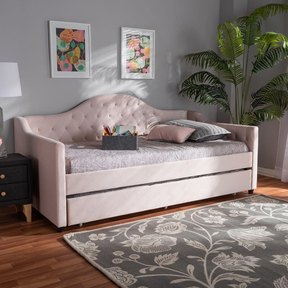 Perry Modern and Contemporary Light Pink Velvet Fabric Upholstered and Button Tufted Twin Size Daybed with Trundle FredCo