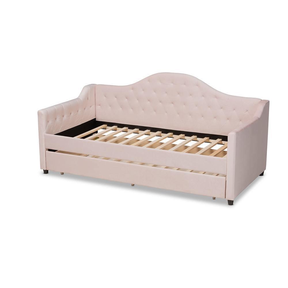 Perry Modern and Contemporary Light Pink Velvet Fabric Upholstered and Button Tufted Twin Size Daybed with Trundle FredCo