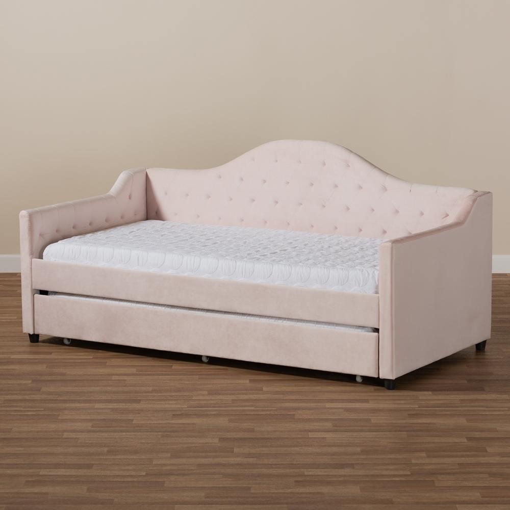 Perry Modern and Contemporary Light Pink Velvet Fabric Upholstered and Button Tufted Twin Size Daybed with Trundle FredCo