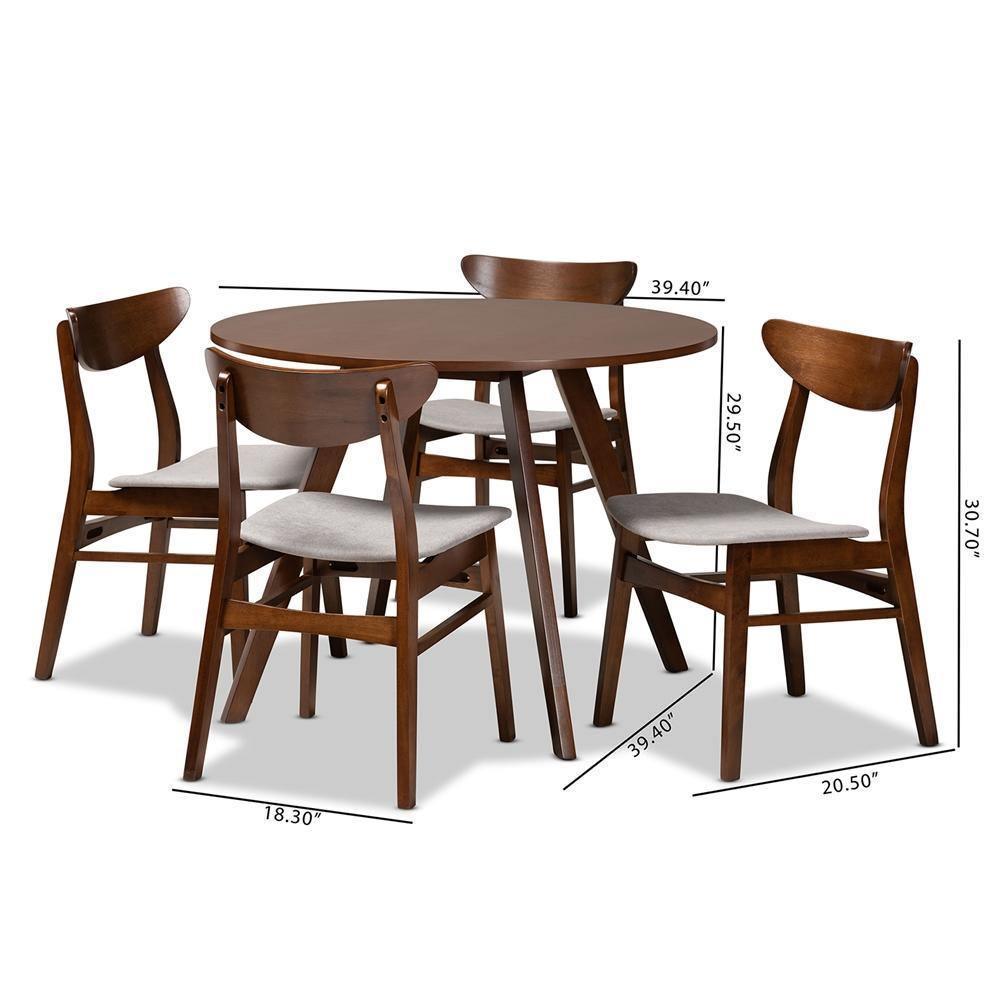Philip Mid-Century Modern Transitional Light Grey Fabric Upholstered and Walnut Brown Finished Wood 5-Piece Dining Set FredCo