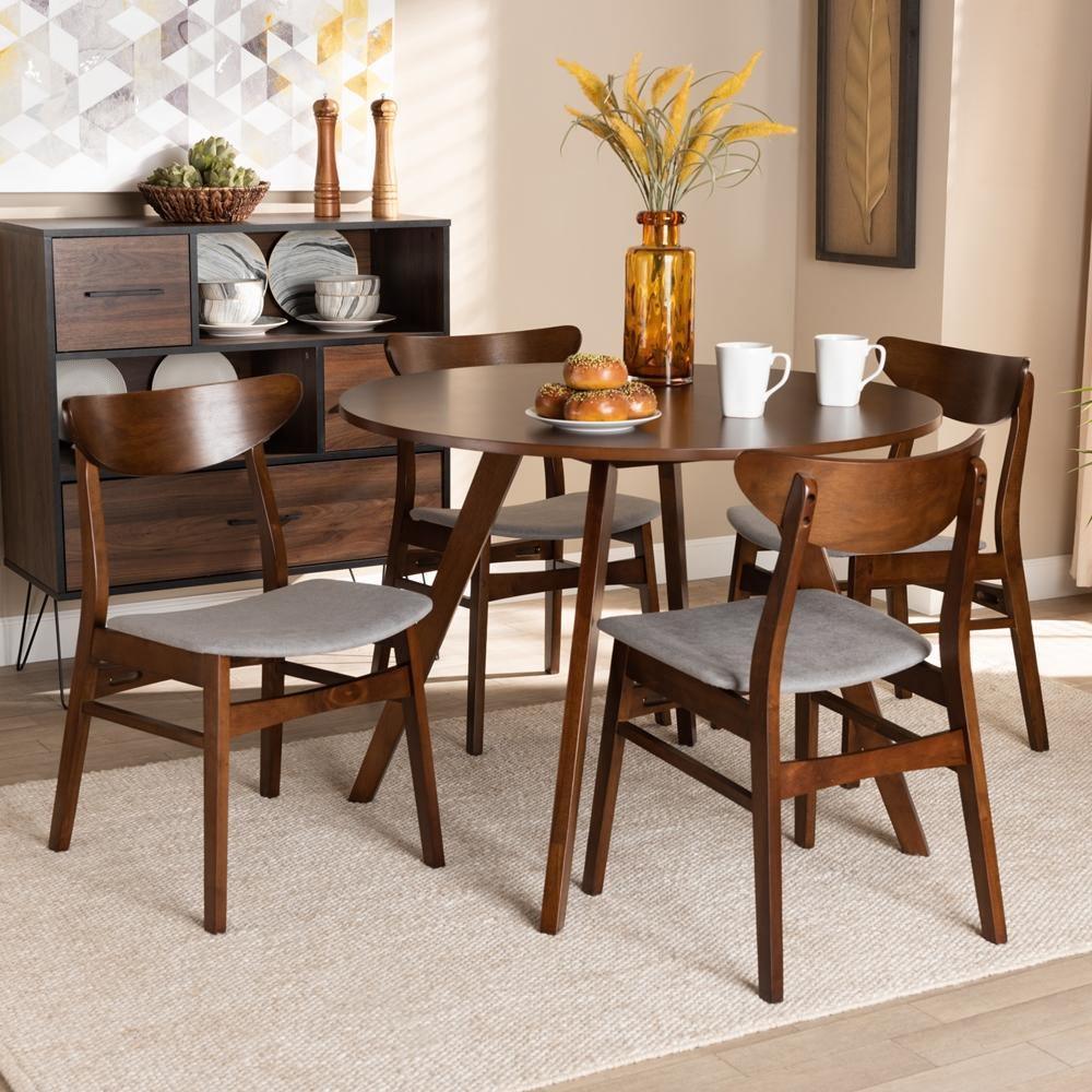Philip Mid-Century Modern Transitional Light Grey Fabric Upholstered and Walnut Brown Finished Wood 5-Piece Dining Set FredCo