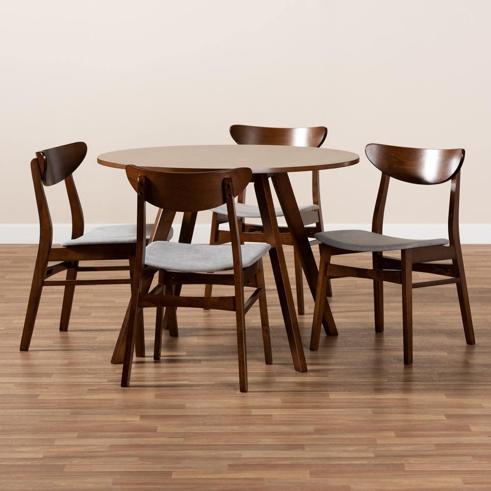 Philip Mid-Century Modern Transitional Light Grey Fabric Upholstered and Walnut Brown Finished Wood 5-Piece Dining Set FredCo