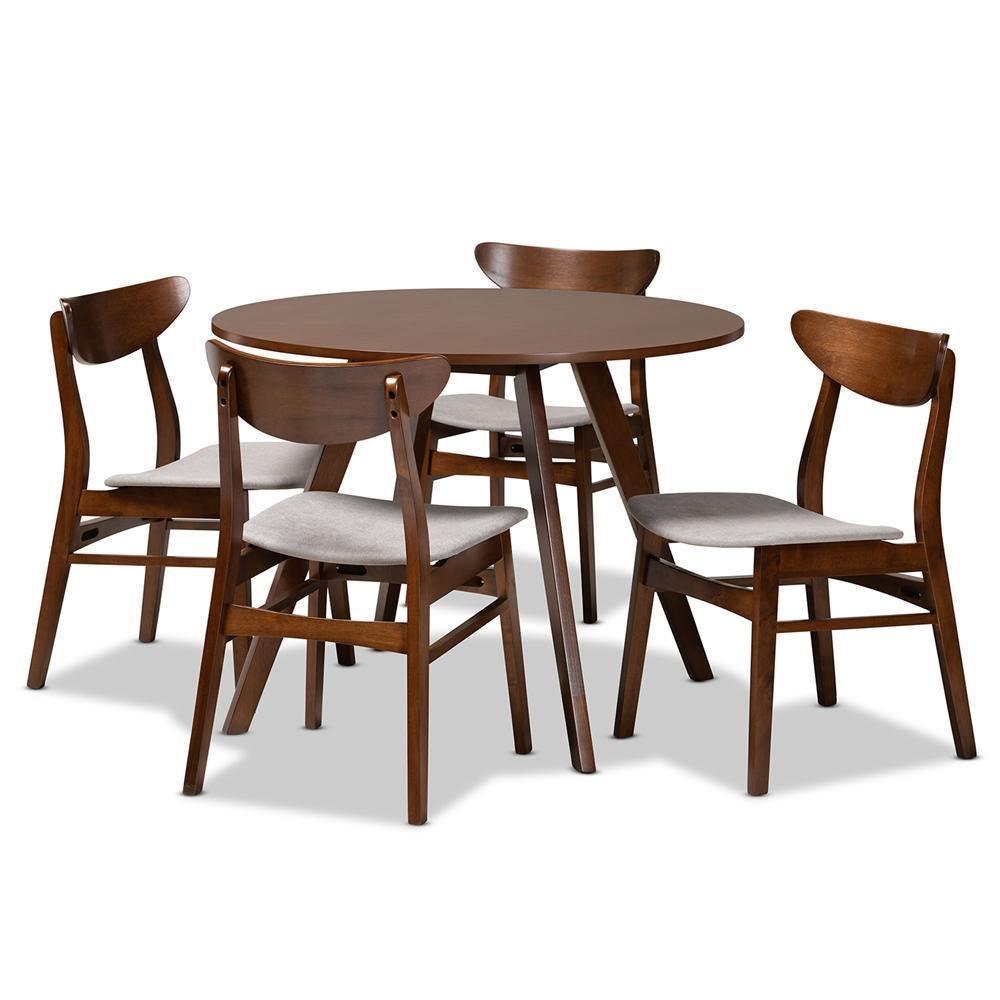 Philip Mid-Century Modern Transitional Light Grey Fabric Upholstered and Walnut Brown Finished Wood 5-Piece Dining Set FredCo
