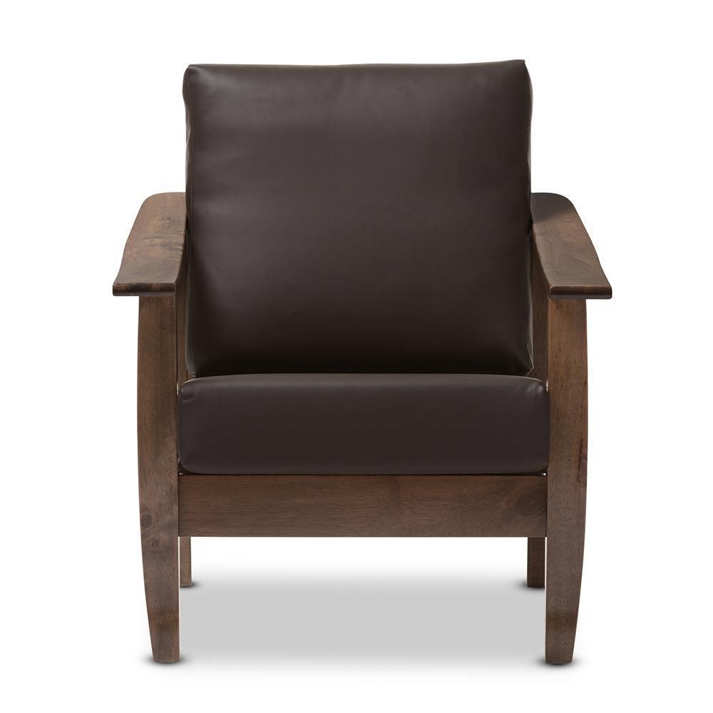 Pierce Mid-Century Modern Walnut Brown Wood and Dark Brown Faux Leather 1-Seater Lounge Chair FredCo