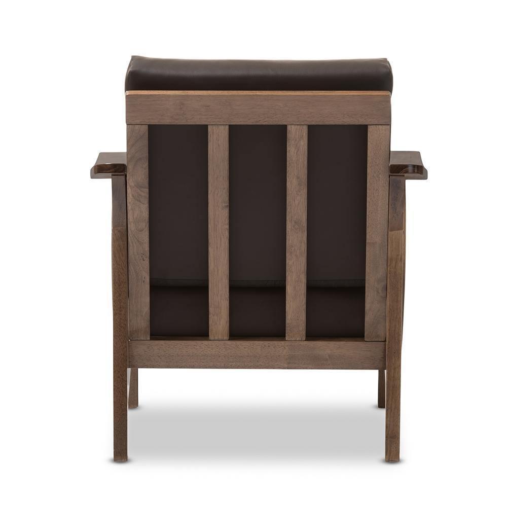 Pierce Mid-Century Modern Walnut Brown Wood and Dark Brown Faux Leather 1-Seater Lounge Chair FredCo