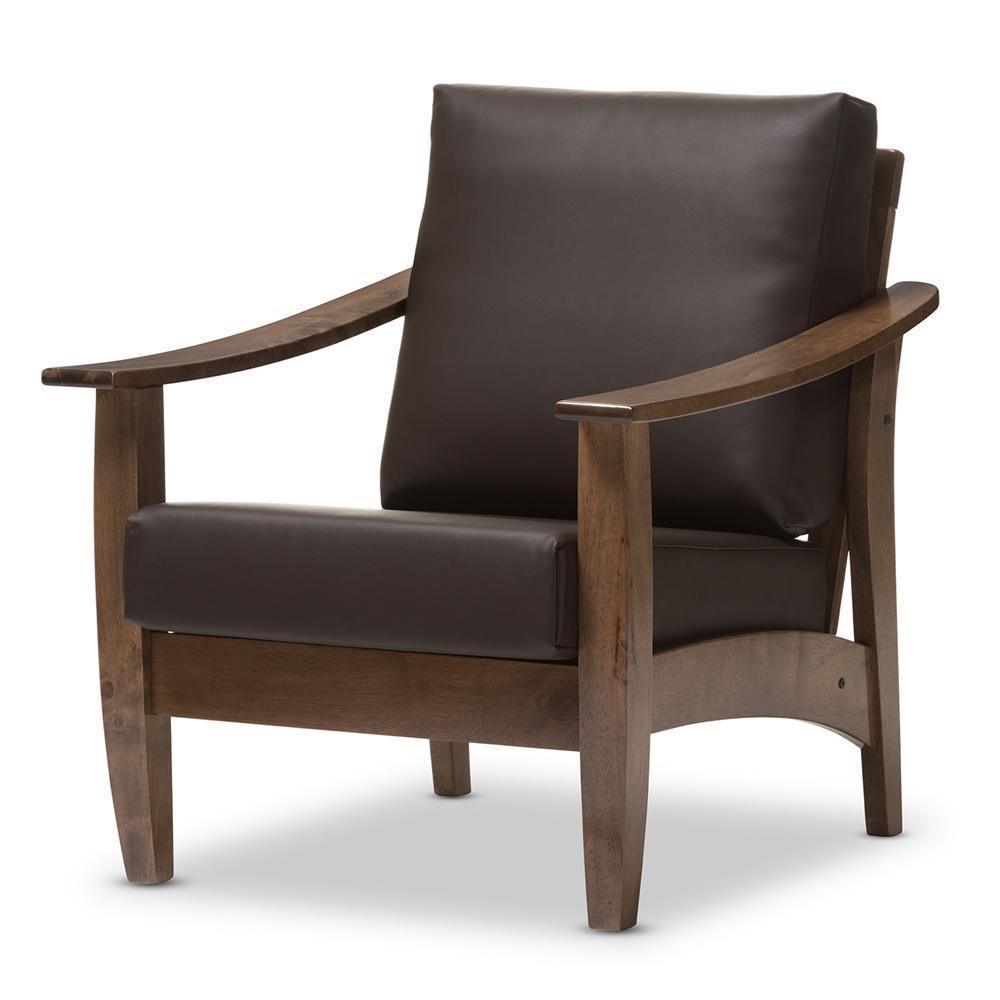 Pierce Mid-Century Modern Walnut Brown Wood and Dark Brown Faux Leather 1-Seater Lounge Chair FredCo