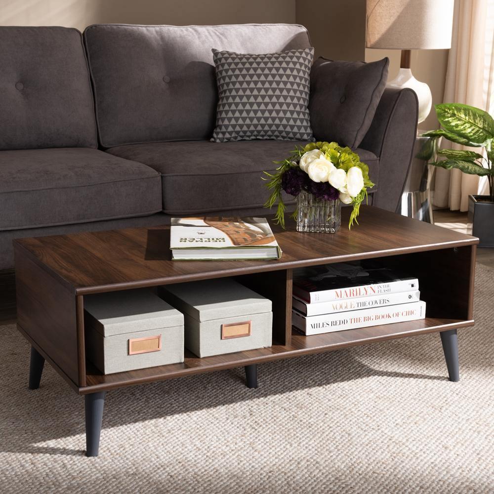 Pierre Mid-Century Modern Brown and Dark Grey Finished Wood Coffee Table FredCo