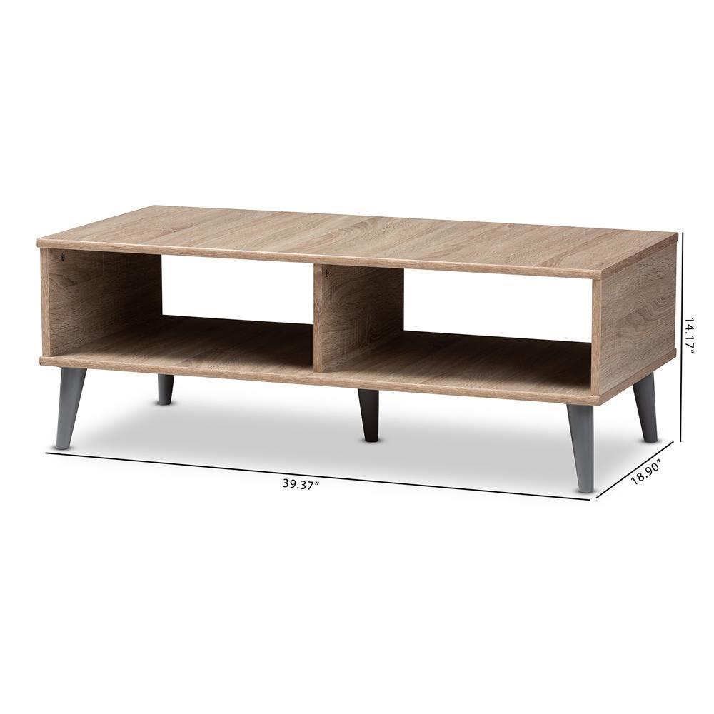 Pierre Mid-Century Modern Oak and Light Grey Finished Wood Coffee Table FredCo