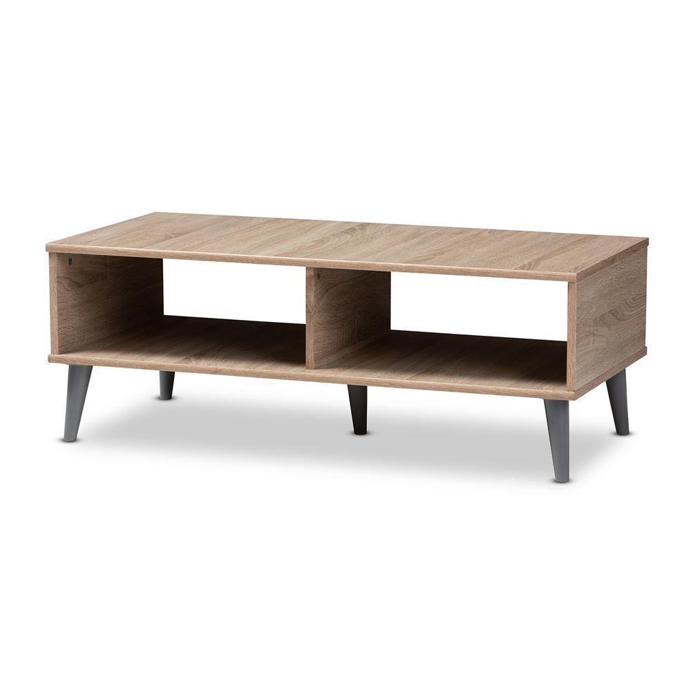 Pierre Mid-Century Modern Oak and Light Grey Finished Wood Coffee Table FredCo