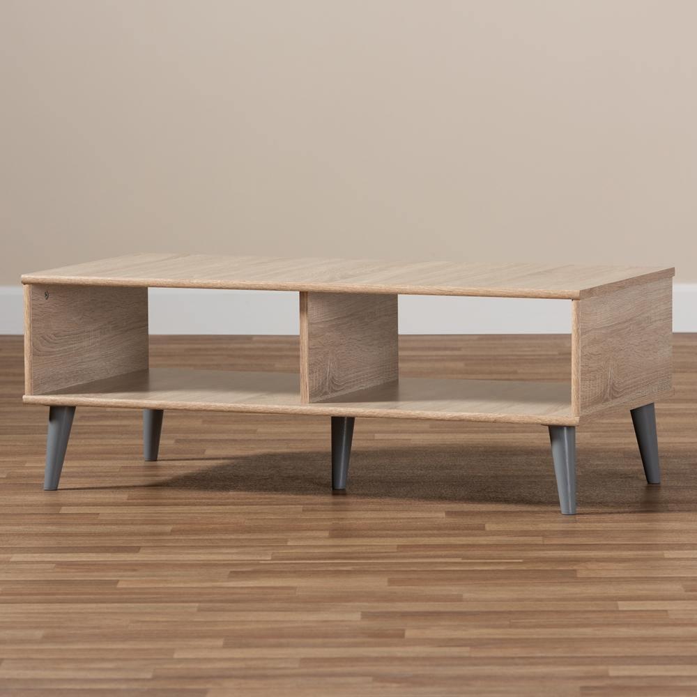 Pierre Mid-Century Modern Oak and Light Grey Finished Wood Coffee Table FredCo