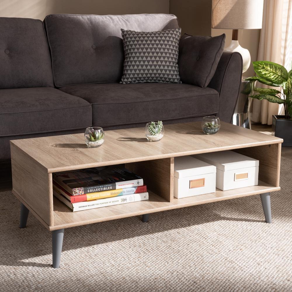 Pierre Mid-Century Modern Oak and Light Grey Finished Wood Coffee Table FredCo