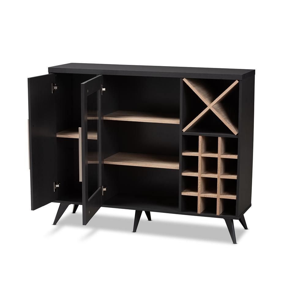 Pietro Mid-Century Modern Dark Grey and Oak Finished Wine Cabinet FredCo