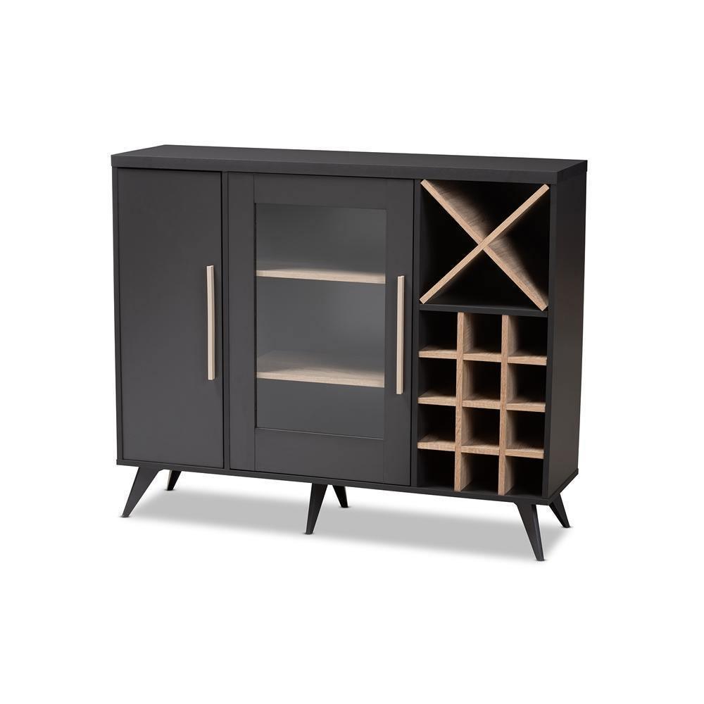 Pietro Mid-Century Modern Dark Grey and Oak Finished Wine Cabinet FredCo