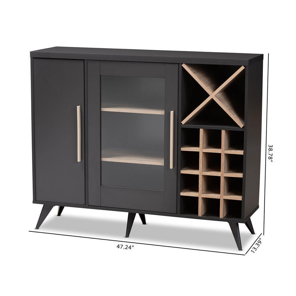 Pietro Mid-Century Modern Dark Grey and Oak Finished Wine Cabinet FredCo