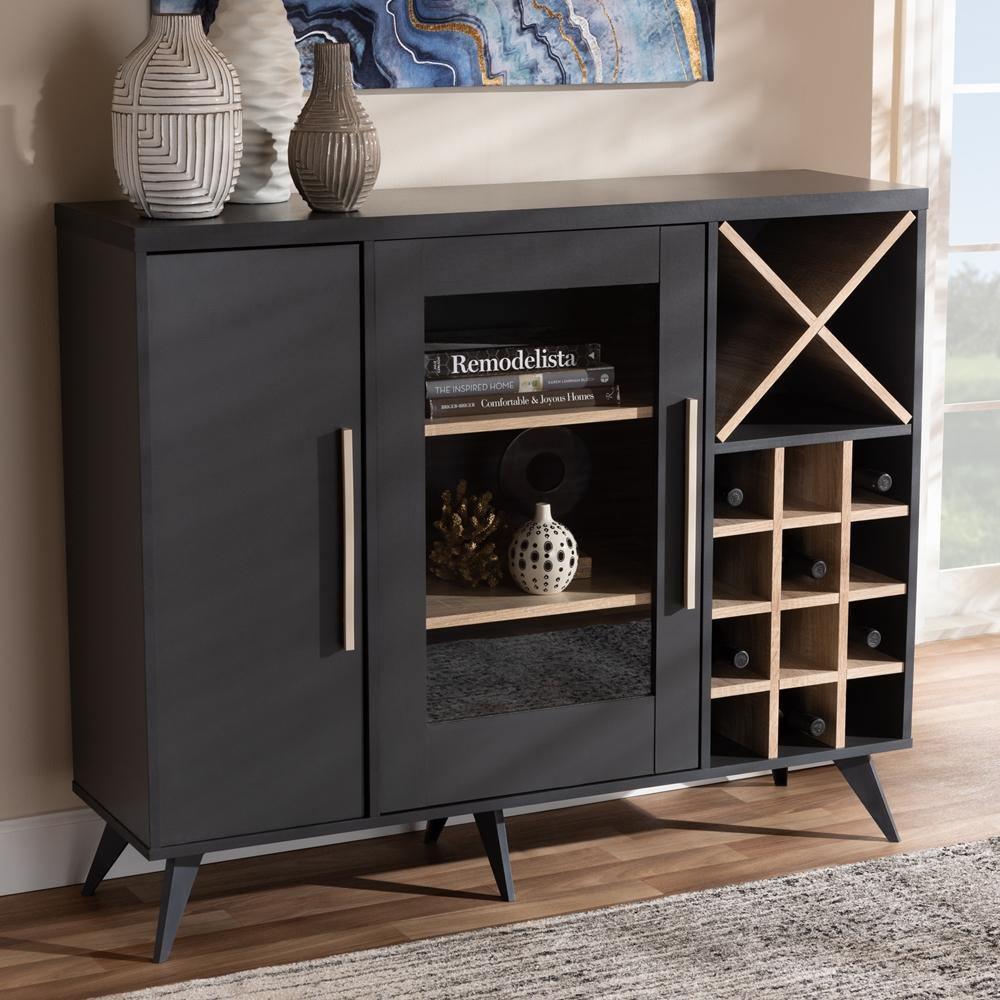 Pietro Mid-Century Modern Dark Grey and Oak Finished Wine Cabinet FredCo