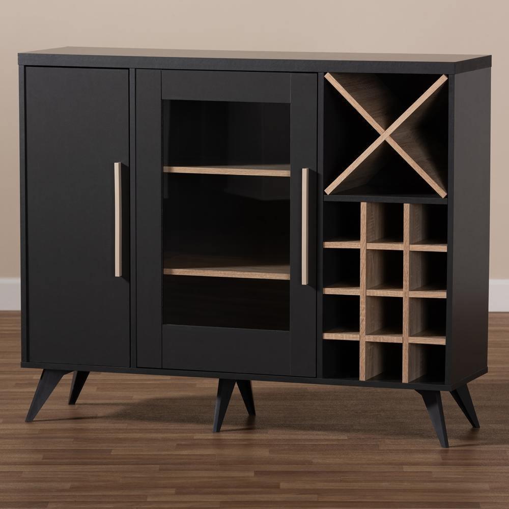 Pietro Mid-Century Modern Dark Grey and Oak Finished Wine Cabinet FredCo