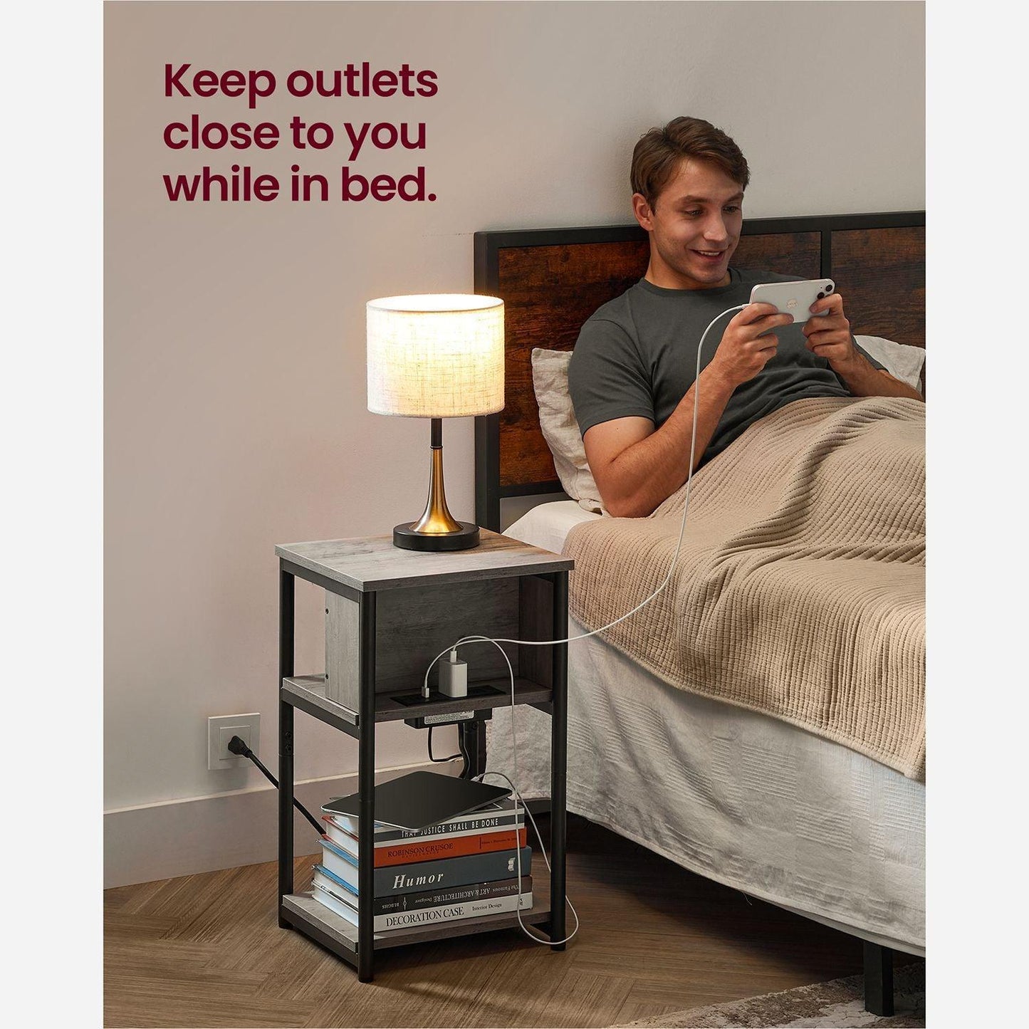 Plug-in Series Side Table, USB Ports Greige FredCo