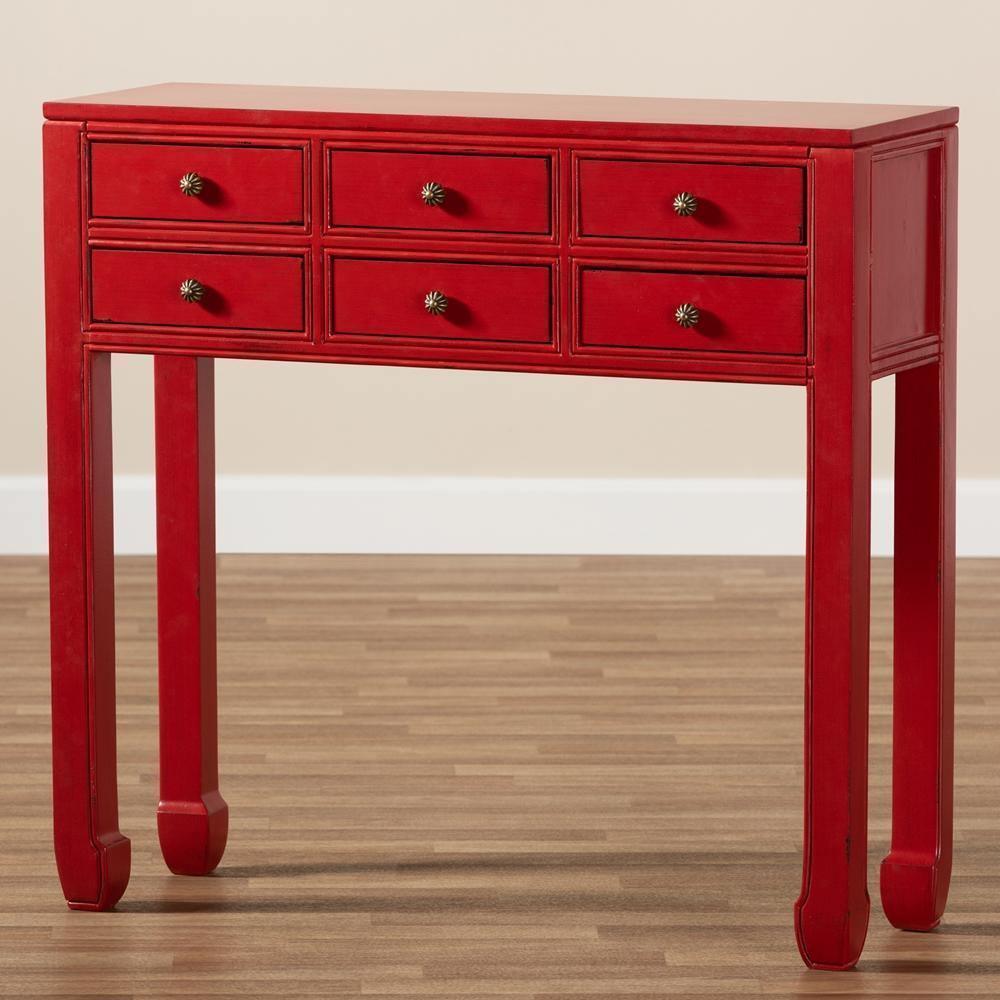 Pomme Classic and Antique Red Finished Wood Bronze Finished Accents 6-Drawer Console Table FredCo
