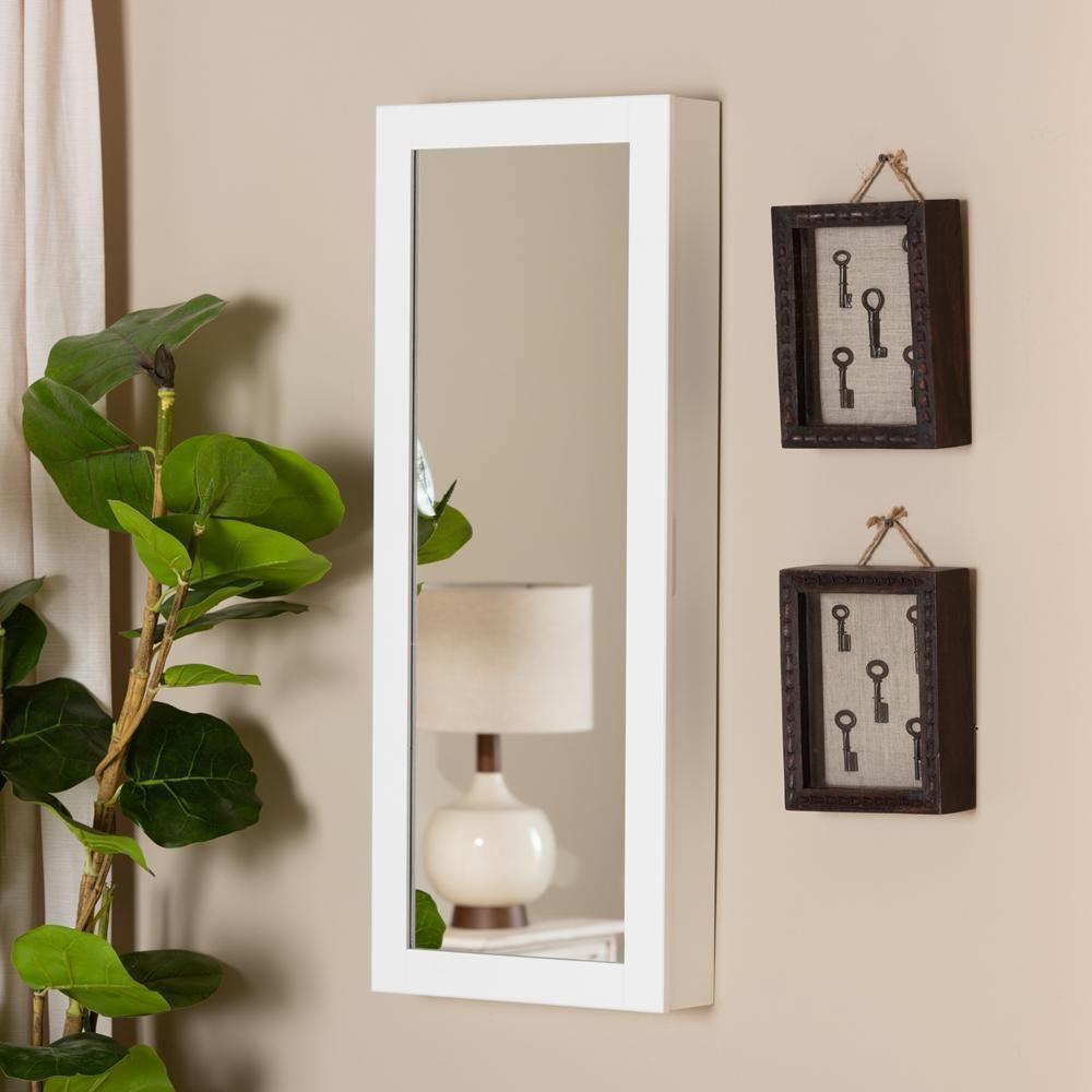 Pontus Modern and Contemporary White Finished Wood Wall-Mountable Jewelry Armoire with Mirror FredCo