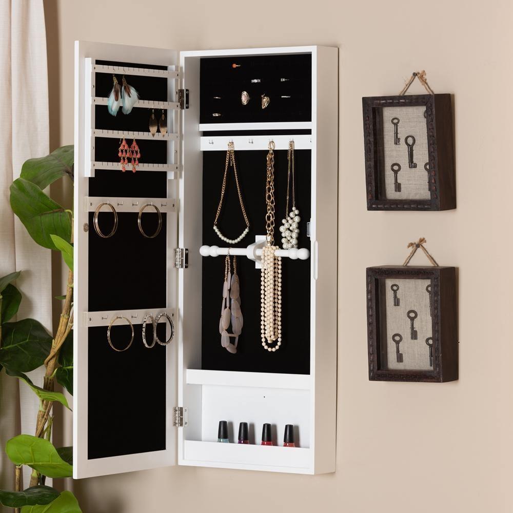Pontus Modern and Contemporary White Finished Wood Wall-Mountable Jewelry Armoire with Mirror FredCo