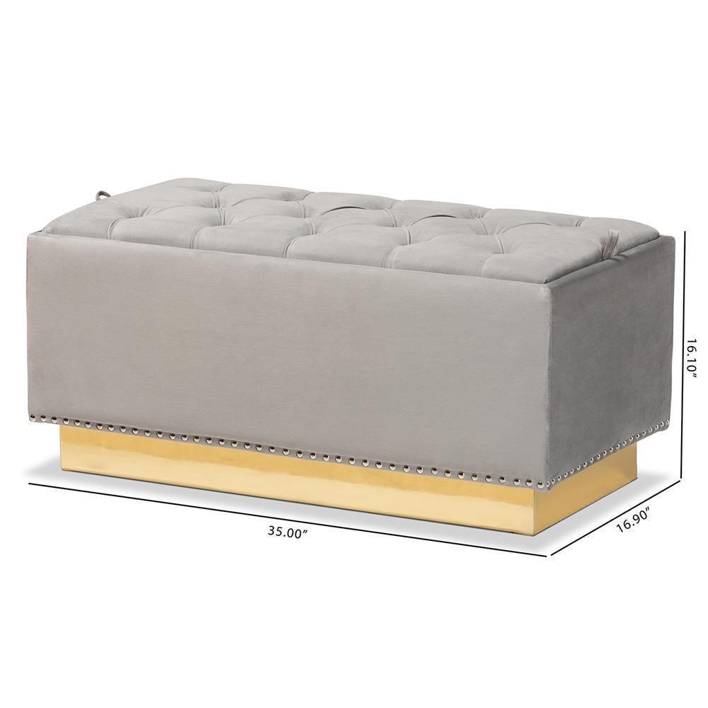 Powell Glam and Luxe Grey Velvet Fabric Upholstered and Gold PU Leather Storage Ottoman FredCo