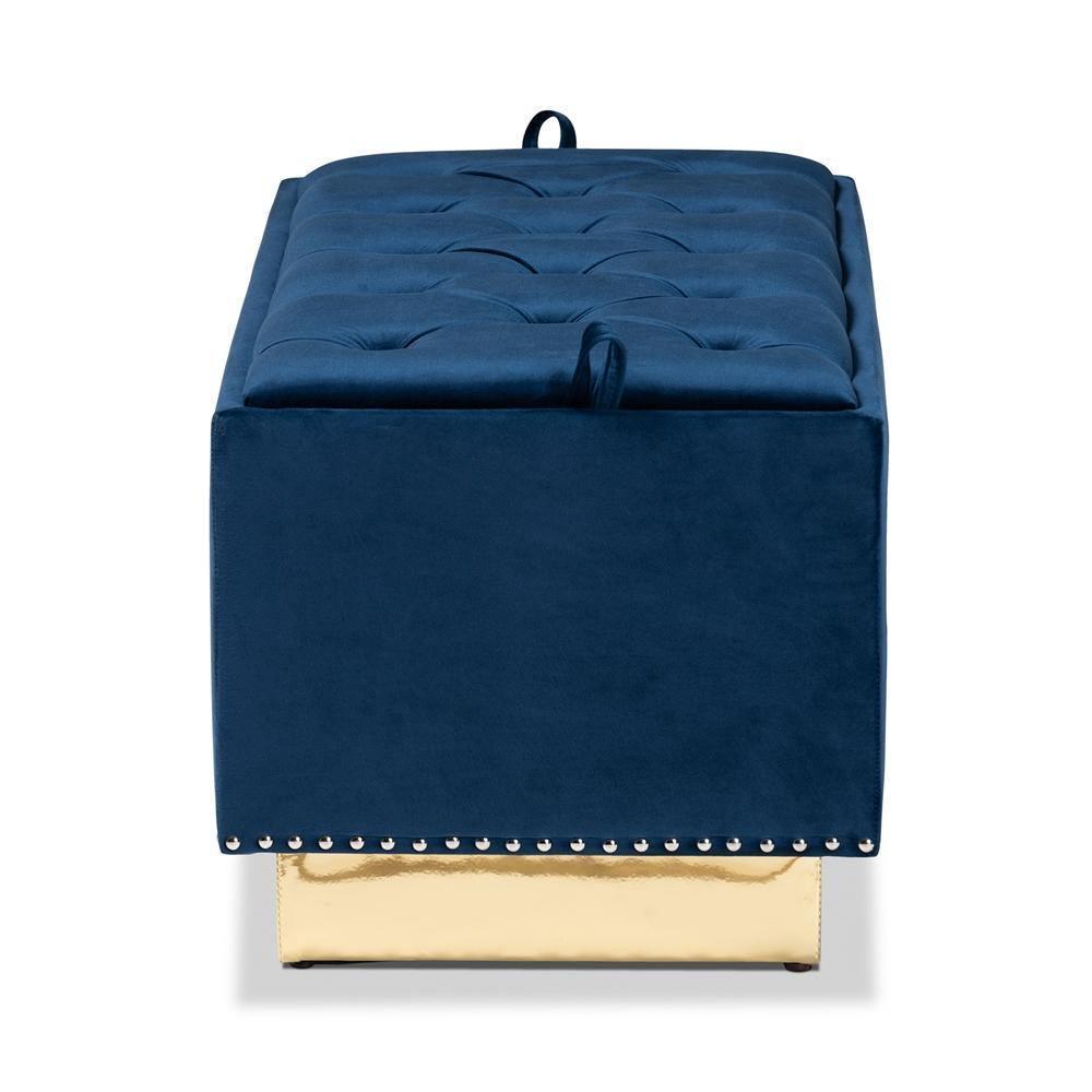 Powell Glam and Luxe Navy Blue Velvet Fabric Upholstered and Gold PU Leather Storage Ottoman FredCo