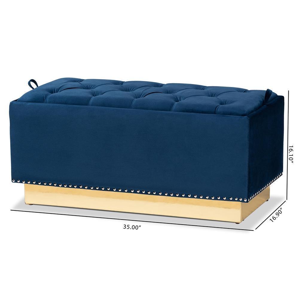 Powell Glam and Luxe Navy Blue Velvet Fabric Upholstered and Gold PU Leather Storage Ottoman FredCo