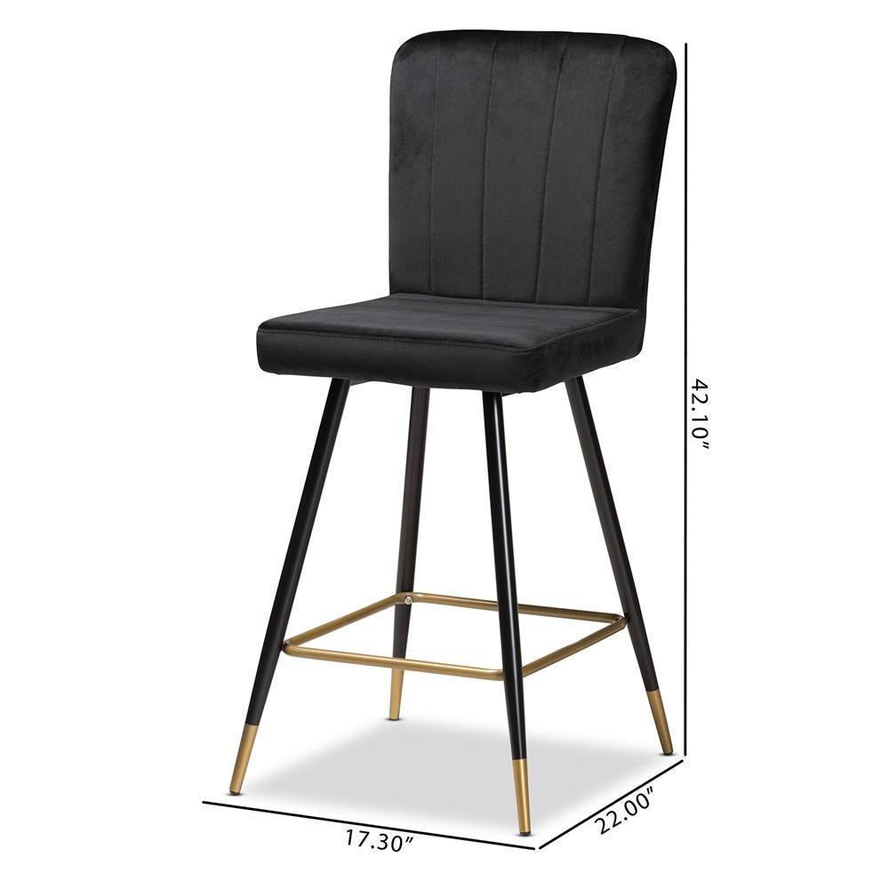 Preston Modern Luxe and Glam Black Velvet Fabric Upholstered and Two-Tone Black and Gold Finished Metal 2-Piece Bar Stool Set FredCo