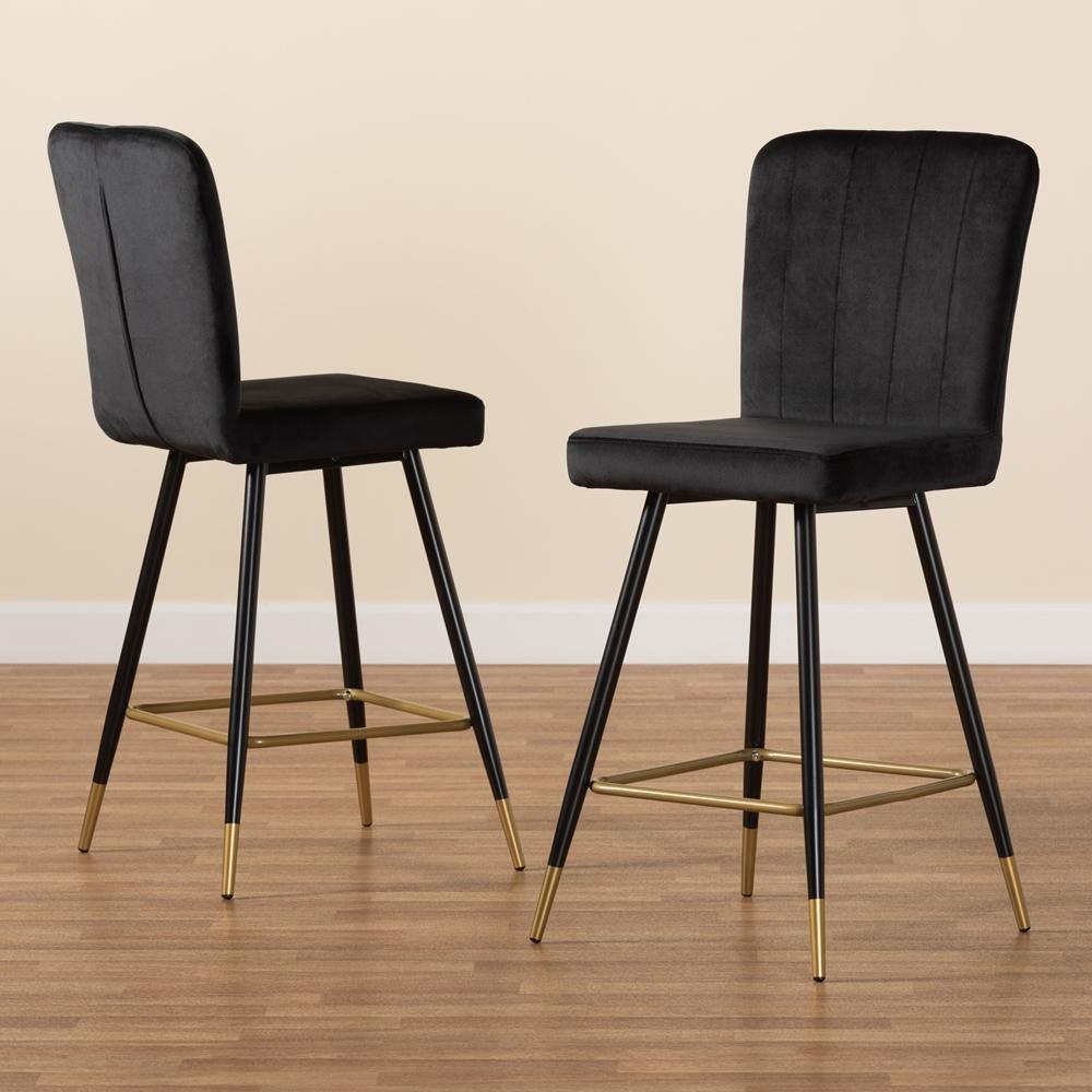 Preston Modern Luxe and Glam Black Velvet Fabric Upholstered and Two-Tone Black and Gold Finished Metal 2-Piece Bar Stool Set FredCo
