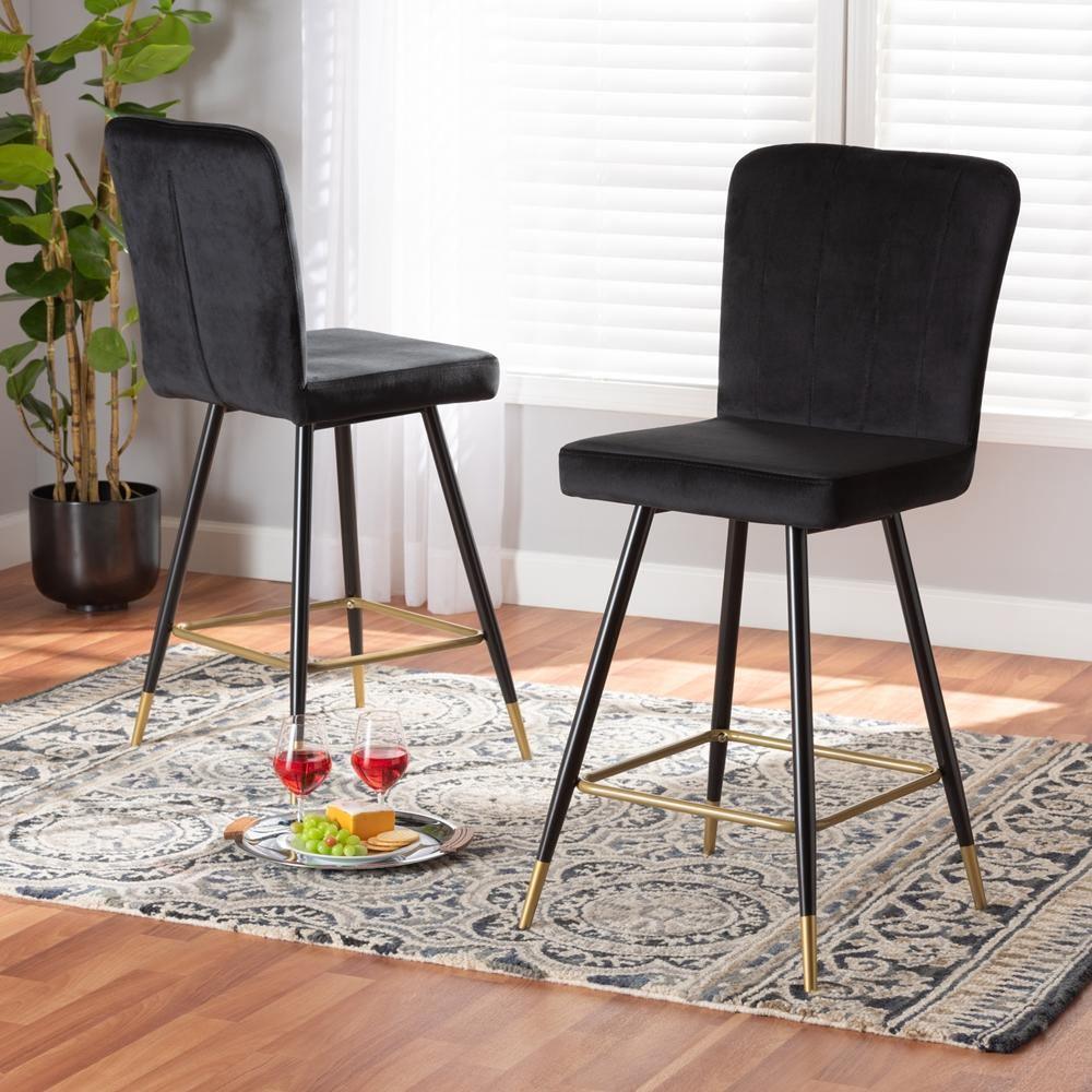 Preston Modern Luxe and Glam Black Velvet Fabric Upholstered and Two-Tone Black and Gold Finished Metal 2-Piece Bar Stool Set FredCo