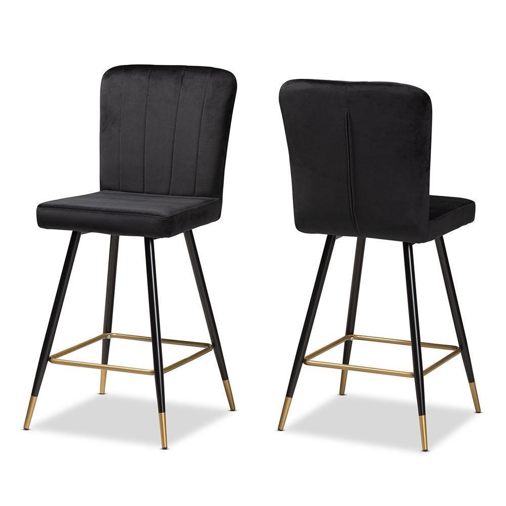 Preston Modern Luxe and Glam Black Velvet Fabric Upholstered and Two-Tone Black and Gold Finished Metal 2-Piece Bar Stool Set FredCo