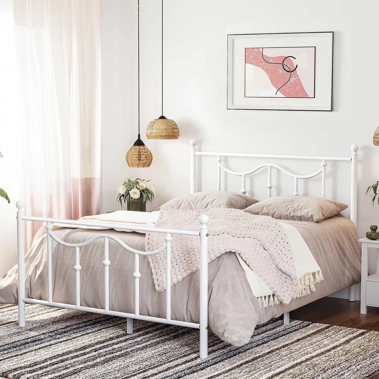 Queen Size Metal Bed Frame with Headboard White FredCo